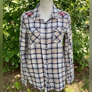 Plaid Button-Up Shirt with Embroidered Details